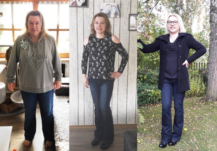Von links nach rechts: Eva vor dem Start mit einem Gewicht von 110 Kilogramm, Eva nach einem Jahr ketogener Ernährung und Eva heute mit ihrem Endgewicht und Kleidergröße 36/38 